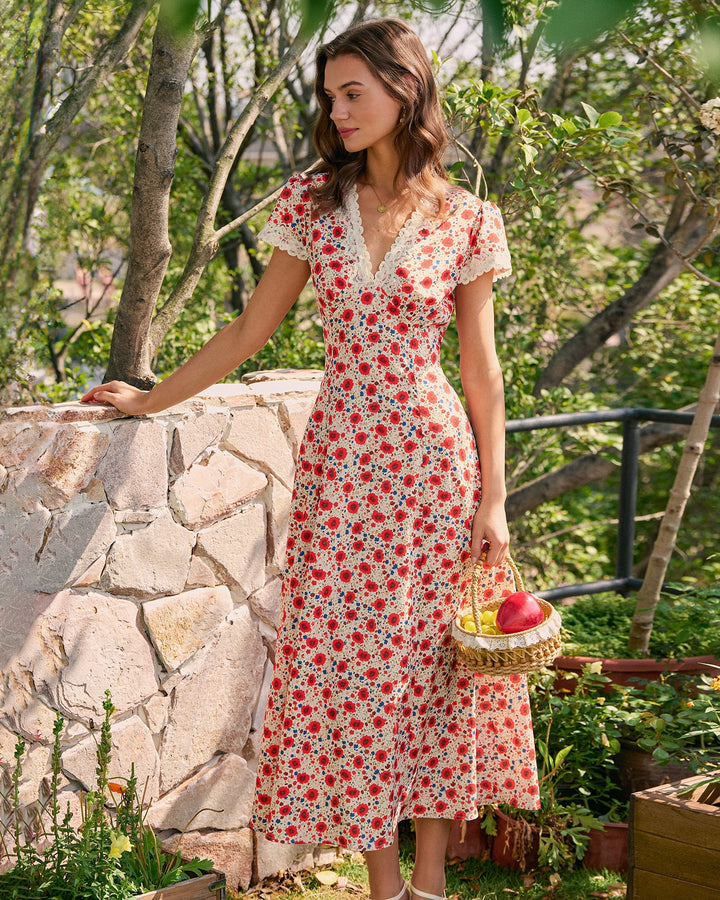 Vestido Maxi Floral de Encaje Rojo con Escote en V