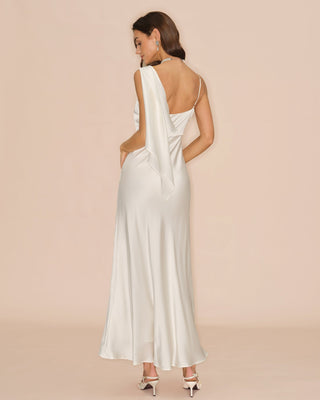 Vestido Maxi de Satén de Cuello Cuadrado Off White