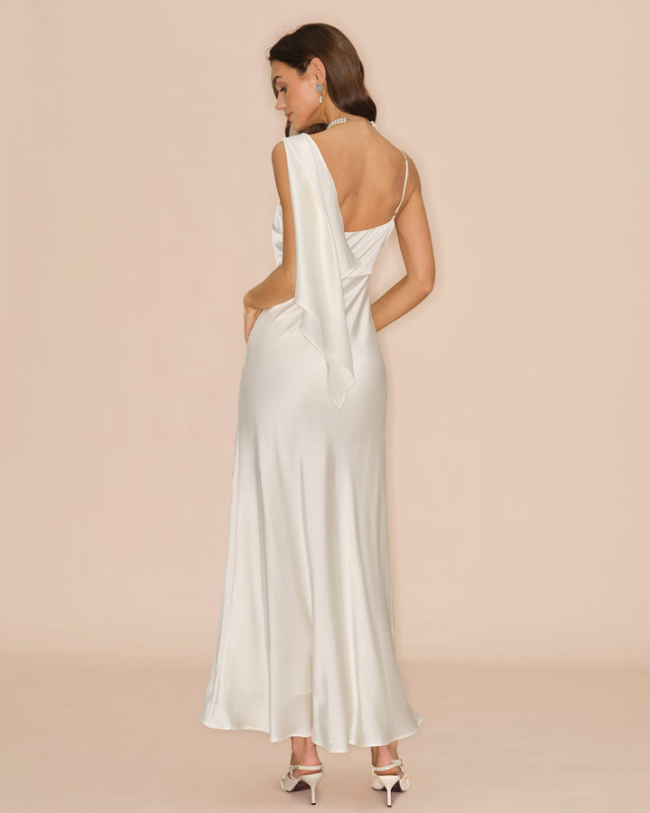 Vestido Maxi de Satén de Cuello Cuadrado Off White