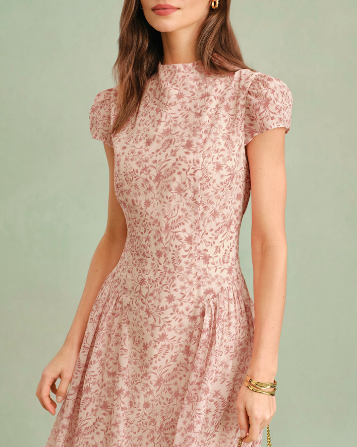 Vestido Largo Floral con Cuello Mock Rosa