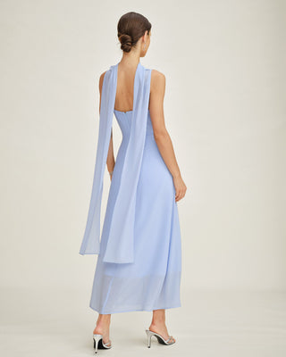 Vestido Maxi de Chiffon con Cuello de Cowl y Tirantes Azules