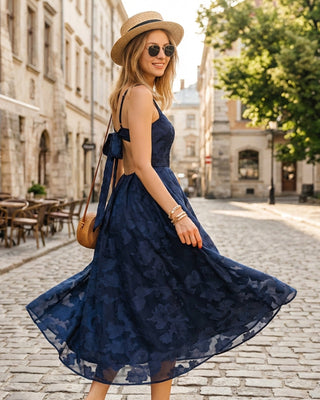 Vestido Maxi Slip Jacquard Marino