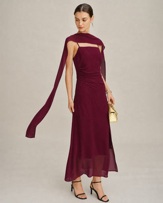 Vestido Maxi Chiffon con Cuello Cowl en Rojo Vino