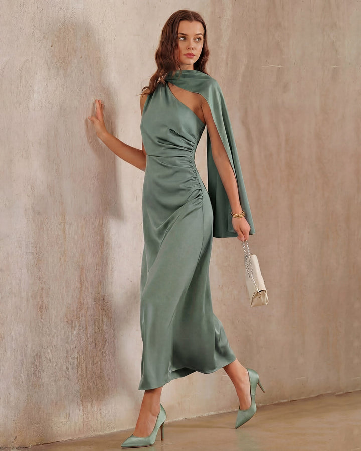 Vestido Maxi de Satén Verde de Un Hombro
