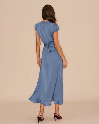 Vestido Maxi de Encaje con Cuello en V Azul