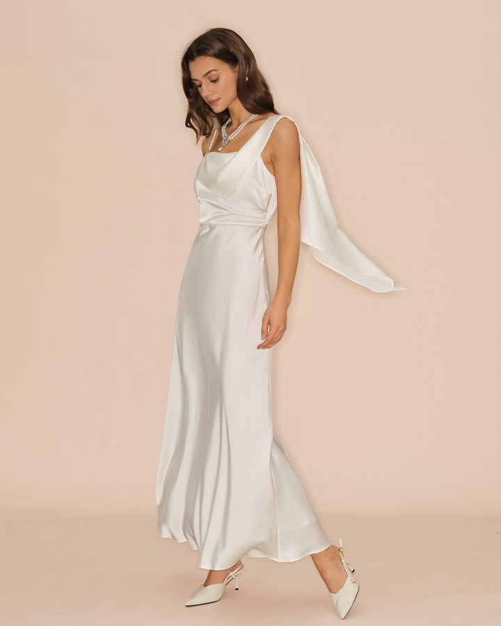 Vestido Maxi de Satén de Cuello Cuadrado Off White