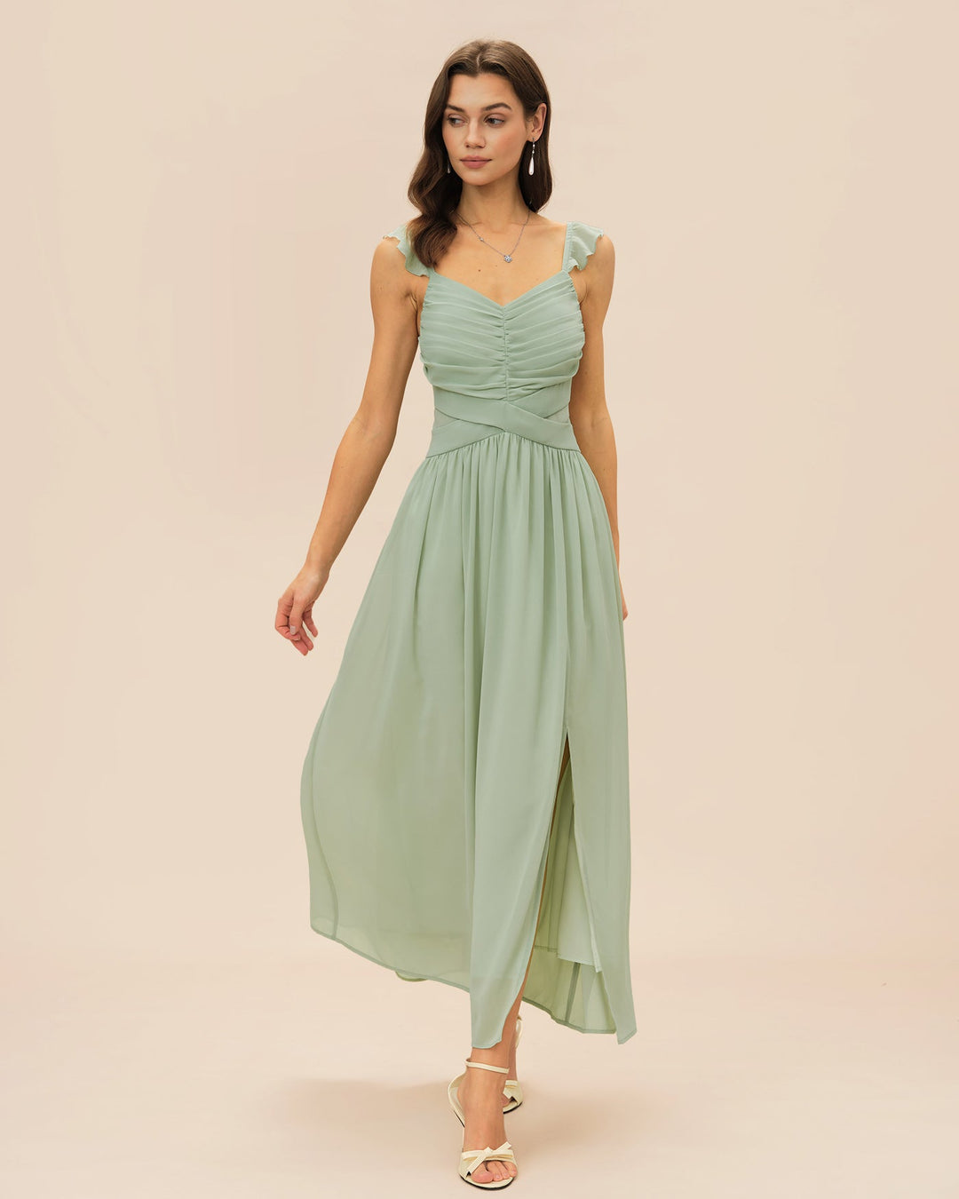 Vestido Maxi con Volantes y Cinta en V Verde