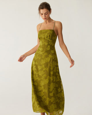 Vestido Maxi Sin Espalda Arrugado Floral Verde