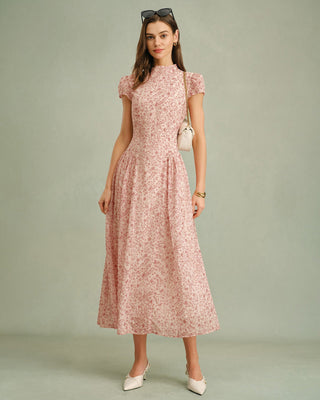 Vestido Largo Floral con Cuello Mock Rosa