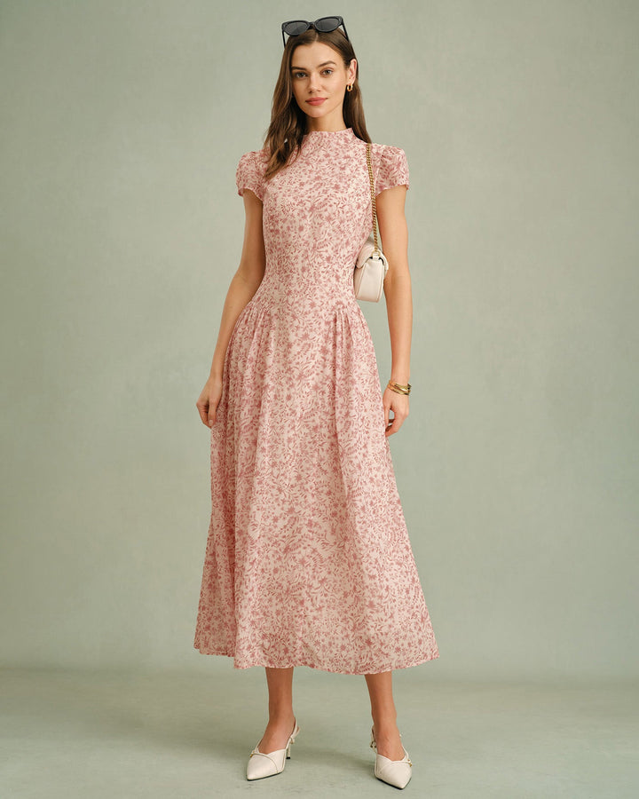Vestido Largo Floral con Cuello Mock Rosa