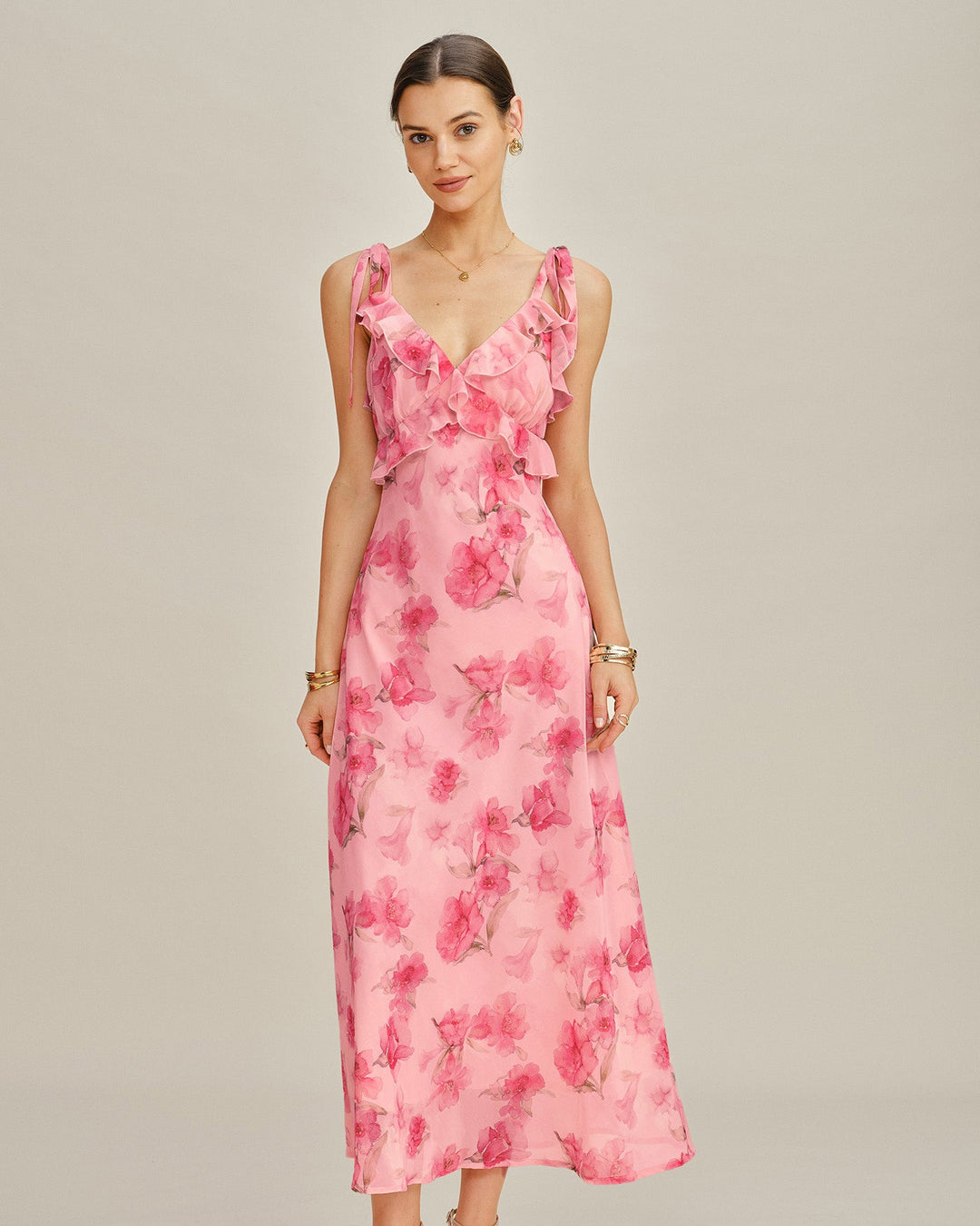 Vestido Maxi de Chiffon con Volantes Florales Rosados