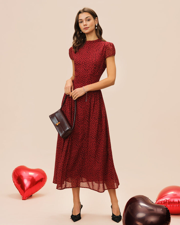 Vestido Maxi Floral de Manga Corta Roja