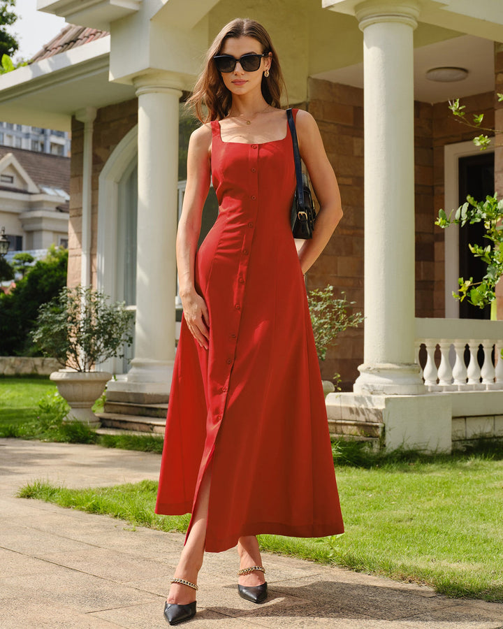 Vestido Maxi con Cuello Cuadrado y Botones Rojo