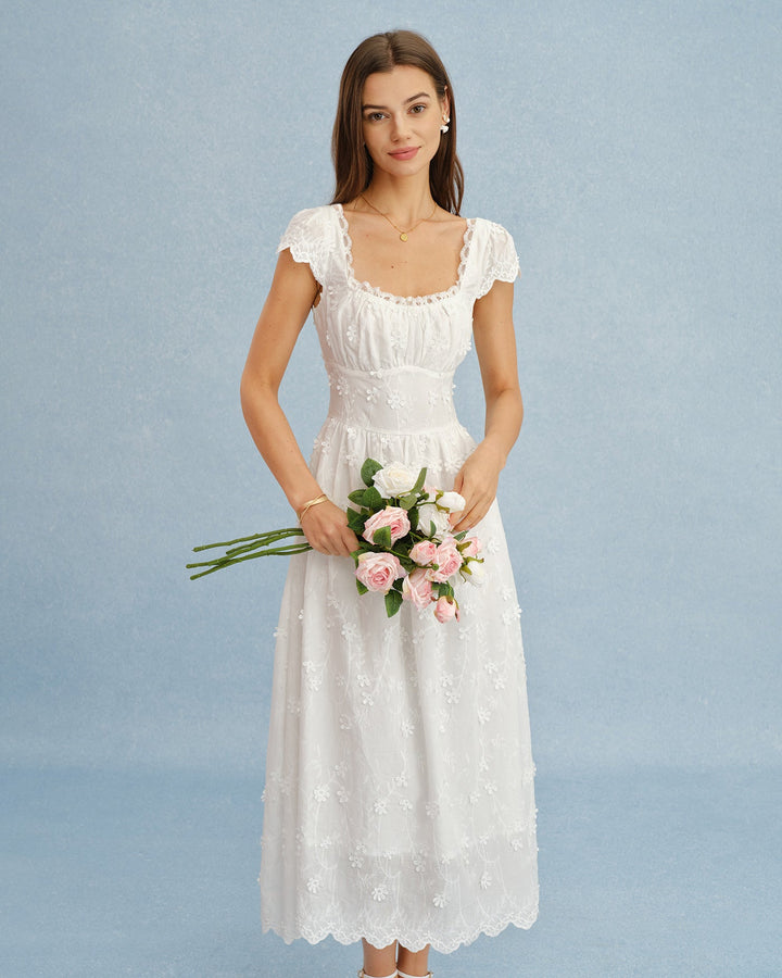 Vestido Maxi de Encaje con Flores y Cuello Cuadrado Blanco