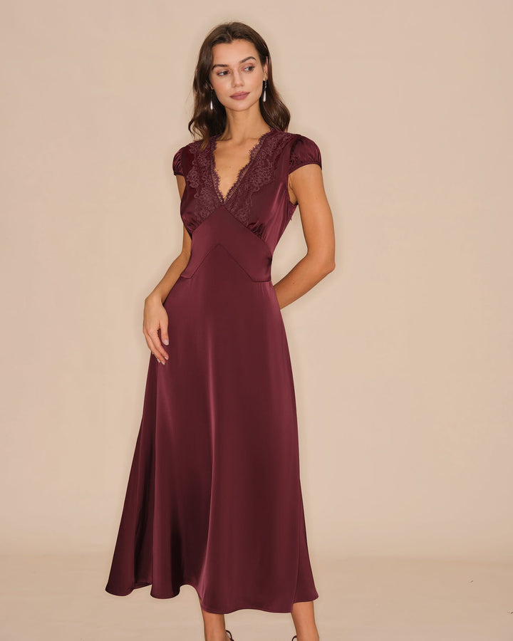 Vestido Maxi de Encaje V en Rojo Vino