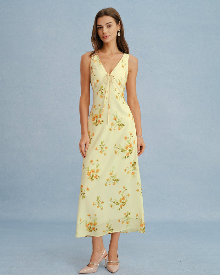 Vestido Maxi de Chifón Floral Amarillo con Escote en V