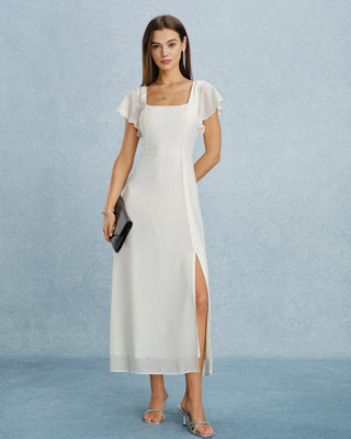 Vestido Maxi de Chiffon Beige con Escote Cuadrado y Abertura