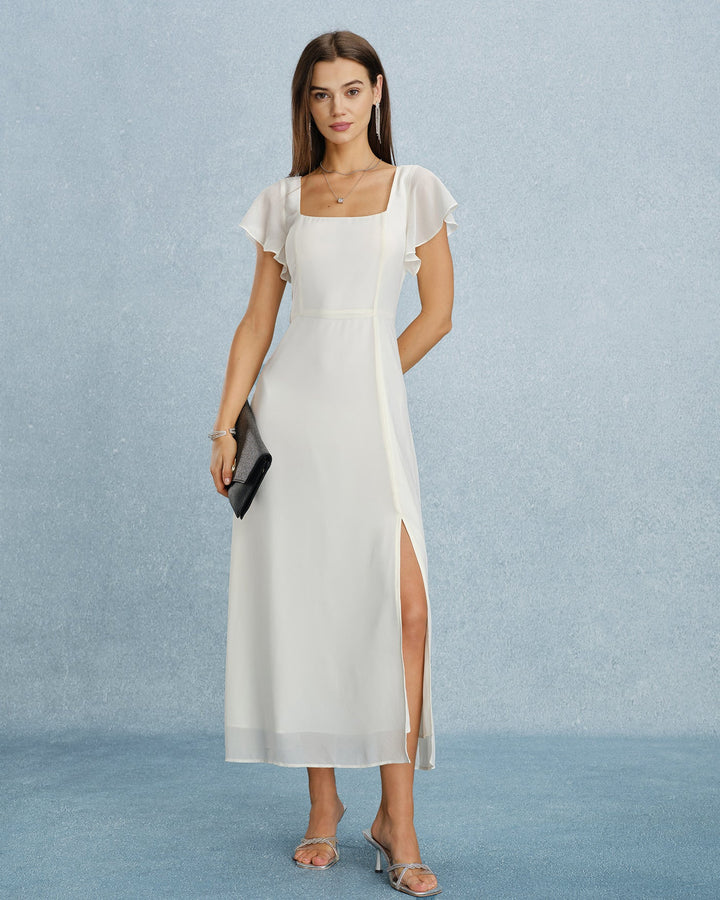 Vestido Maxi de Chiffon Beige con Escote Cuadrado y Abertura