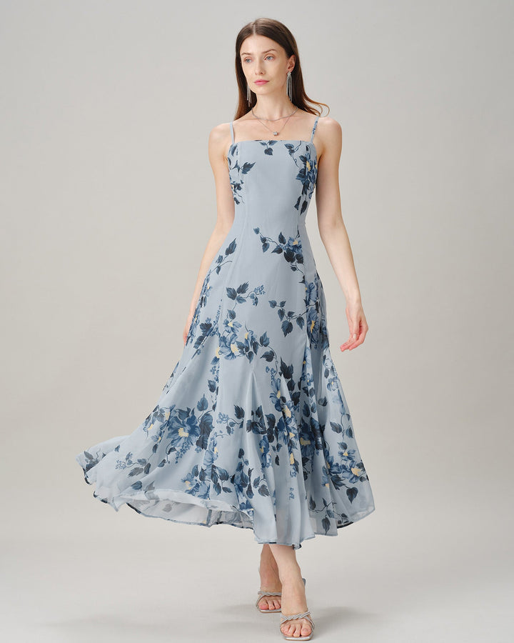 Vestido Maxi de Chiffón Floral Sin Mangas Azul