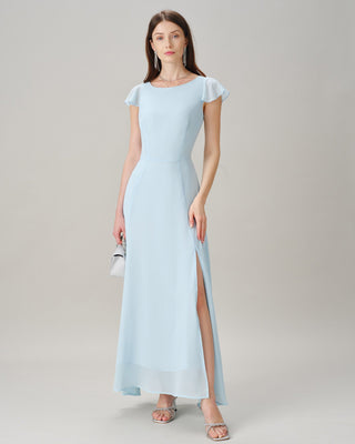 Vestido Maxi de Chifón con Escote Barco y Abertura Azul