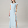 Vestido Maxi de Chifón con Escote Barco y Abertura Azul