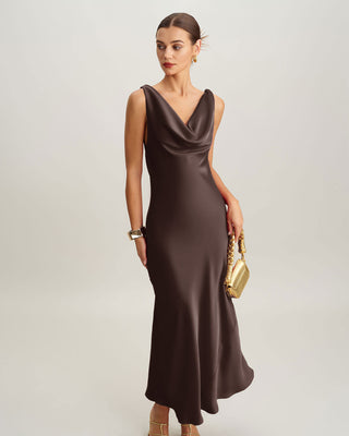 Vestido Maxi de Satén con Cuello de Cowl