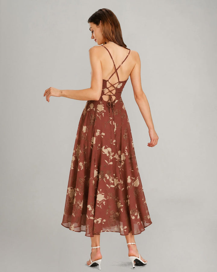 Vestido Maxi Floral con Cuello Cuadrado Rojo