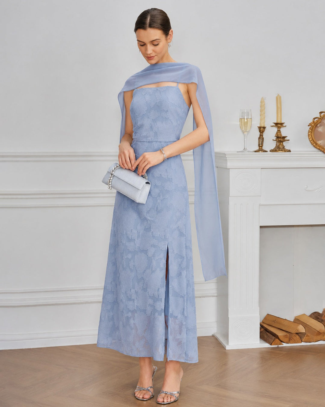 Vestido Maxi Jacquard de Cuello Cuadrado Azul