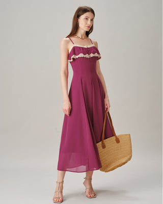 Vestido Maxi de Chiffón con Botones de Encaje Rosa