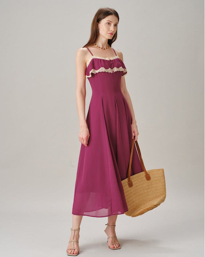 Vestido Maxi de Chiffón con Botones de Encaje Rosa