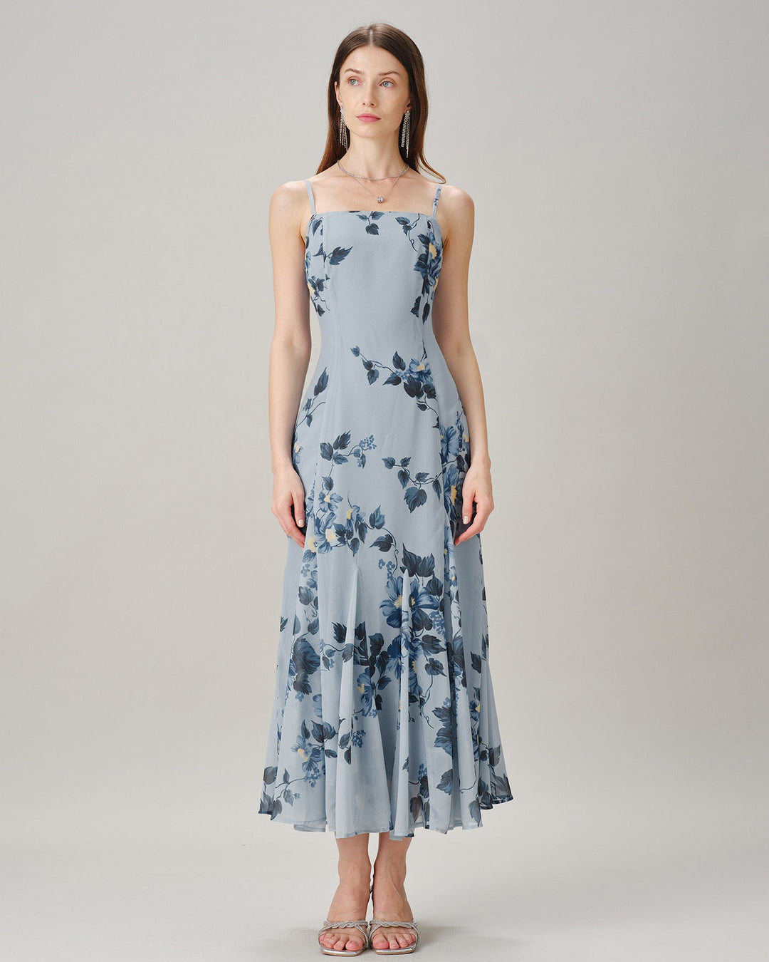 Vestido Maxi de Chiffón Floral Sin Mangas Azul