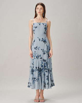 Vestido Maxi de Chiffón Floral Sin Mangas Azul
