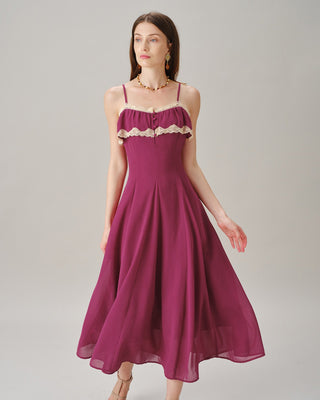Vestido Maxi de Chiffón con Botones de Encaje Rosa