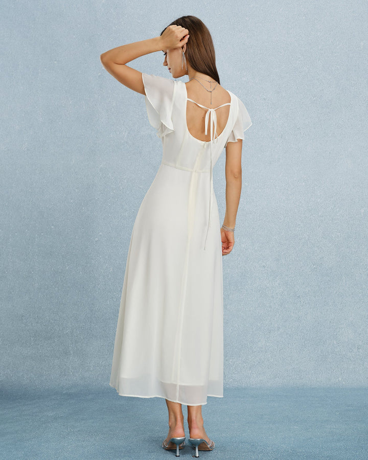 Vestido Maxi de Chiffon Beige con Escote Cuadrado y Abertura