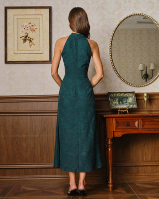 Vestido Maxi Sin Mangas de Jacquard con Cuello Mock Verde