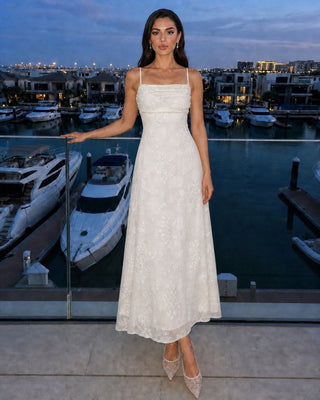 Vestido Maxi de Jacquard con Cuello Cuadrado y Lentejuelas en Color Albaricoque
