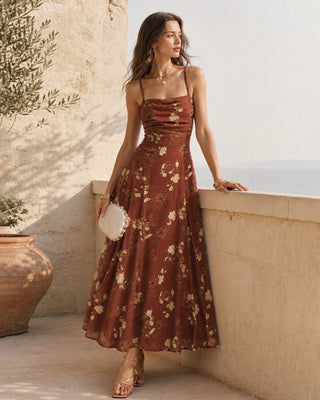 Vestido Maxi Floral con Cuello Cuadrado Rojo