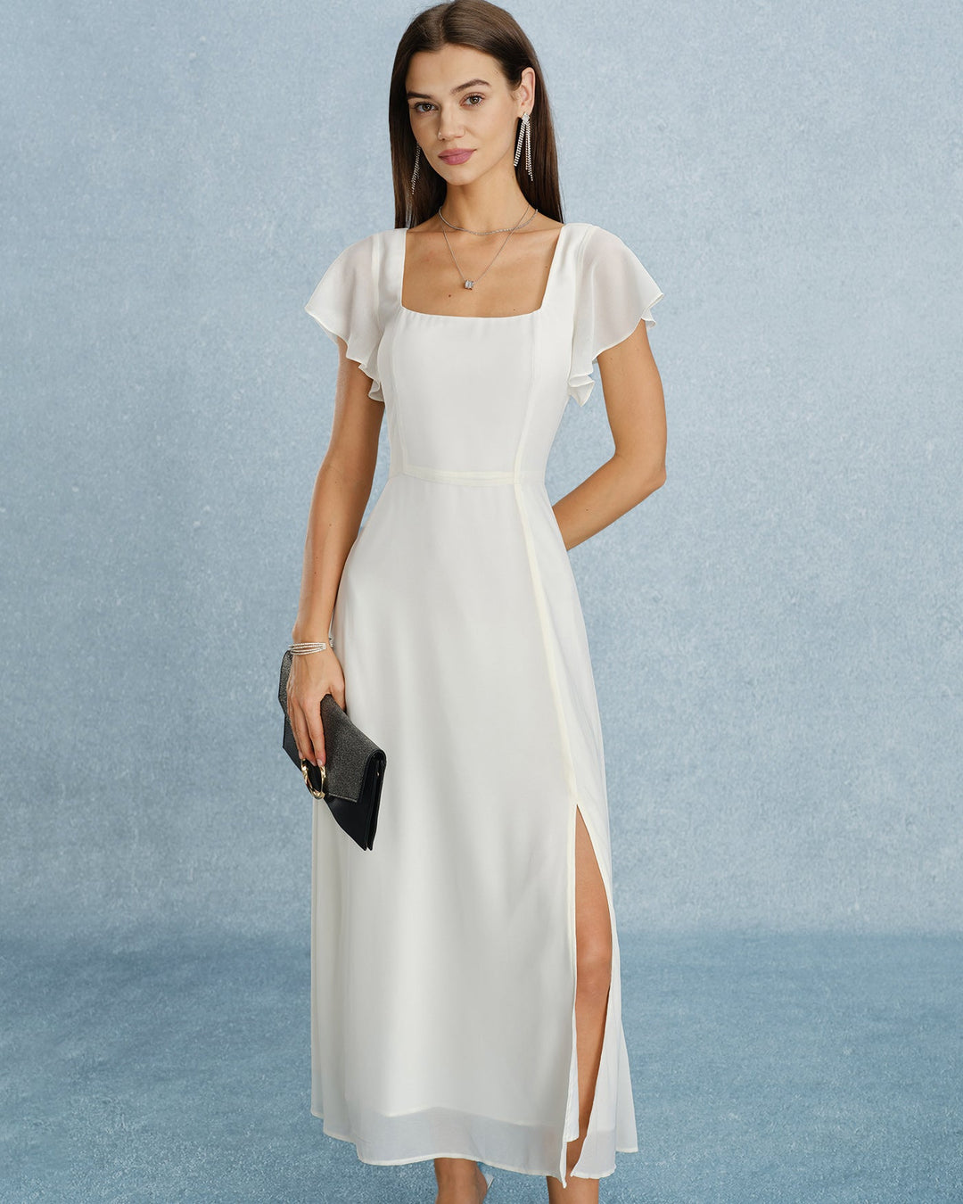 Vestido Maxi de Chiffon Beige con Escote Cuadrado y Abertura