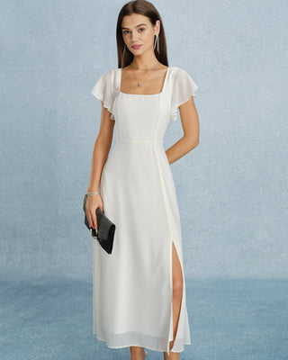 Vestido Maxi de Chiffon Beige con Escote Cuadrado y Abertura