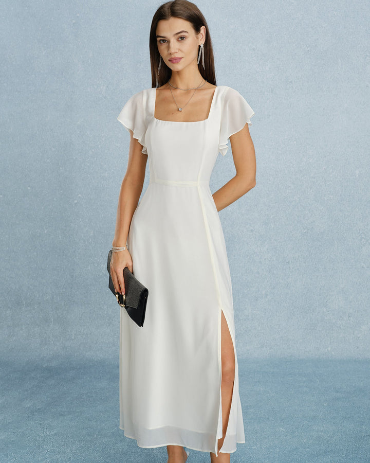 Vestido Maxi de Chiffon Beige con Escote Cuadrado y Abertura