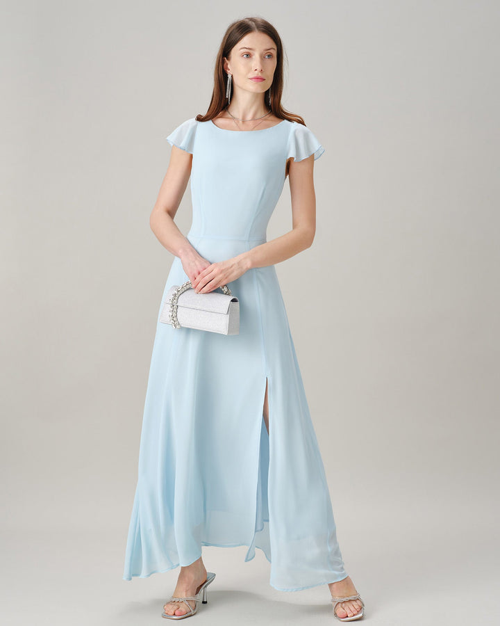 Vestido Maxi de Chifón con Escote Barco y Abertura Azul