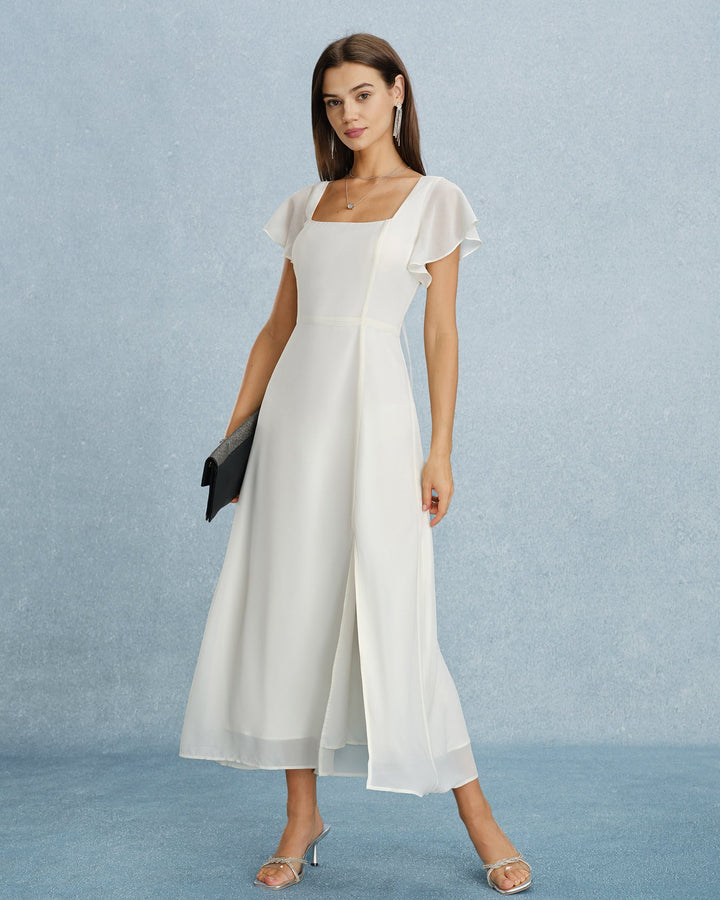 Vestido Maxi de Chiffon Beige con Escote Cuadrado y Abertura