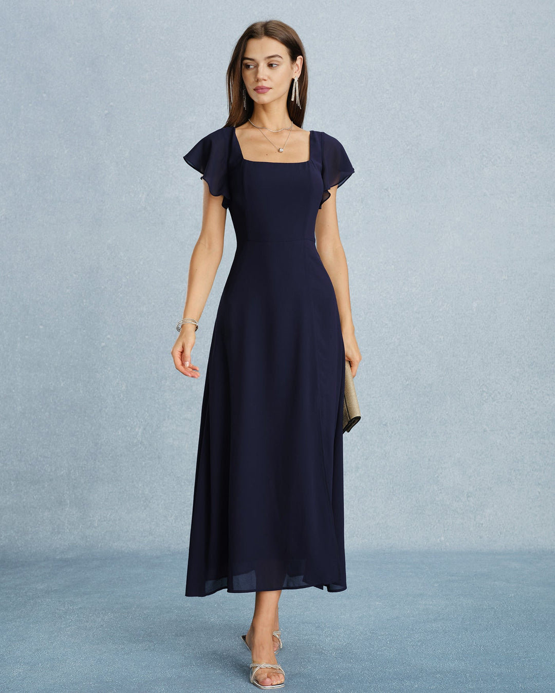 Vestido Maxi de Chiffón con Escote Cuadrado y Abertura en Color Marino