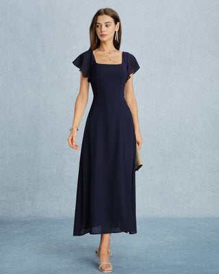 Vestido Maxi de Chiffón con Escote Cuadrado y Abertura en Color Marino