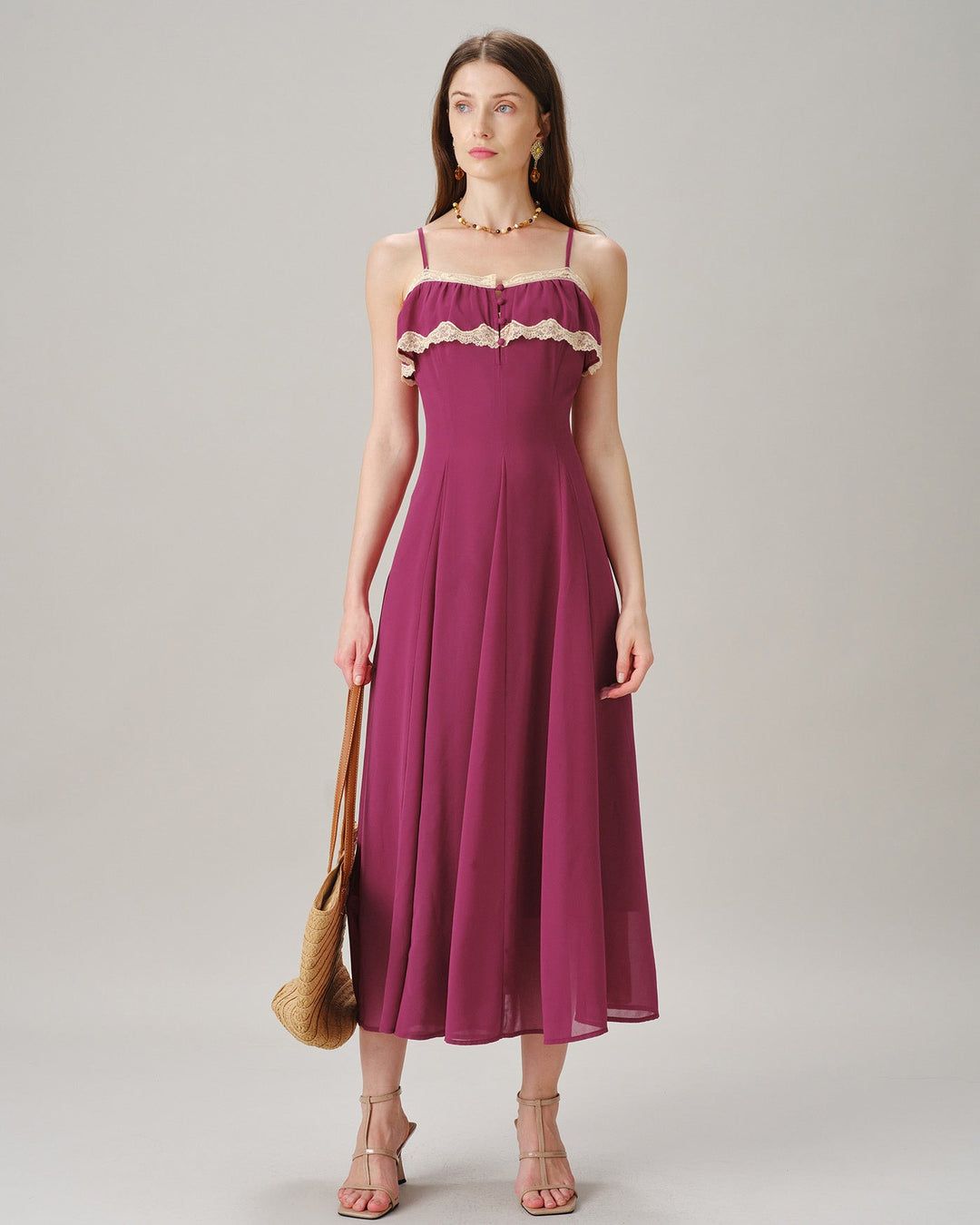 Vestido Maxi de Chiffón con Botones de Encaje Rosa