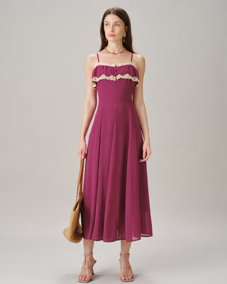Vestido Maxi de Chiffón con Botones de Encaje Rosa