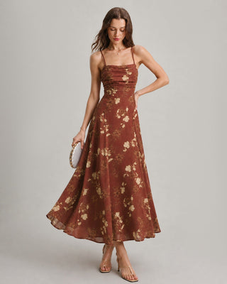 Vestido Maxi Floral con Cuello Cuadrado Rojo