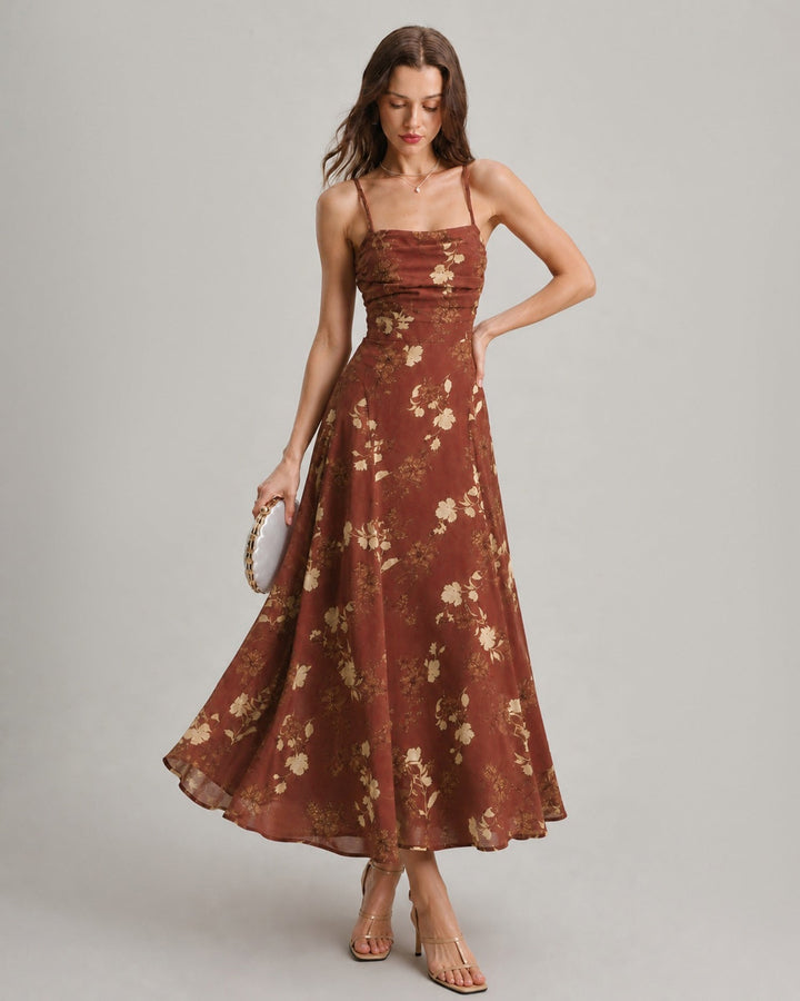 Vestido Maxi Floral con Cuello Cuadrado Rojo
