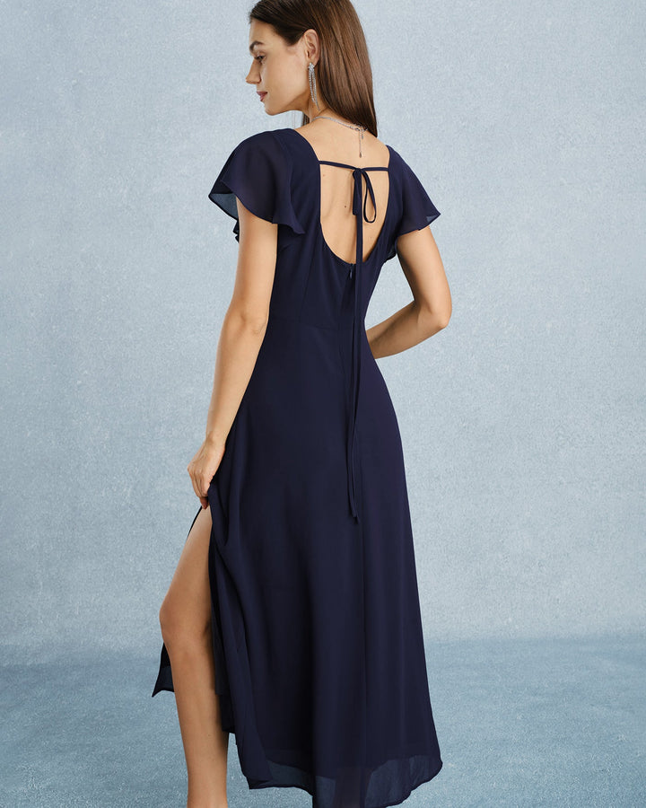 Vestido Maxi de Chiffón con Escote Cuadrado y Abertura en Color Marino