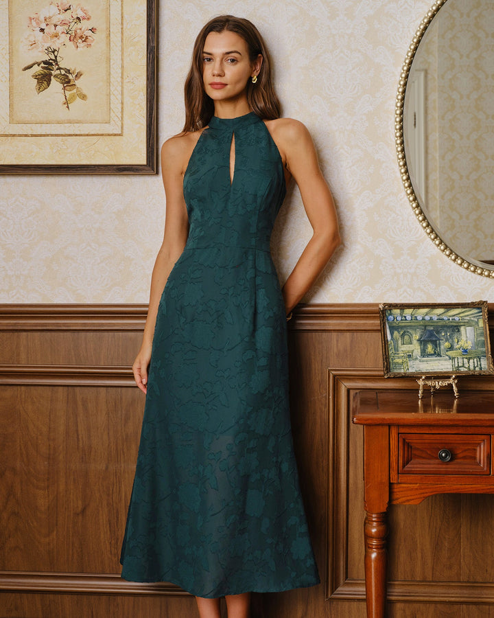 Vestido Maxi Sin Mangas de Jacquard con Cuello Mock Verde